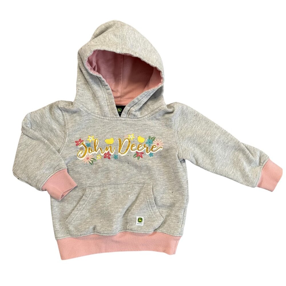 John Deere Girls' Grey And Glitter Floral Fleece Pullover Hoodie
